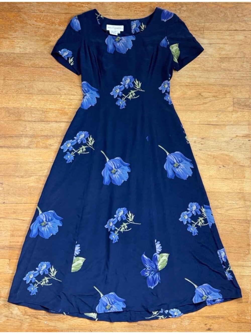 Vintage Blue Floral Silk Maxi Dress Size Small/Medium 90s Maggy London Sundress
